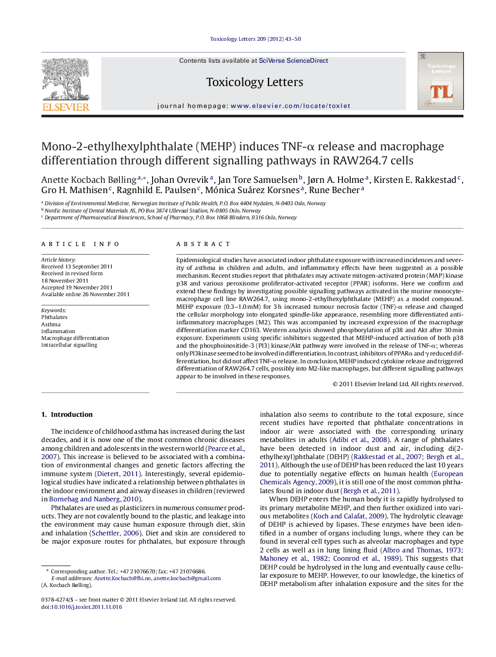 Mono-2-ethylhexylphthalate (MEHP) induces TNF-α release and macrophage differentiation through different signalling pathways in RAW264.7 cells