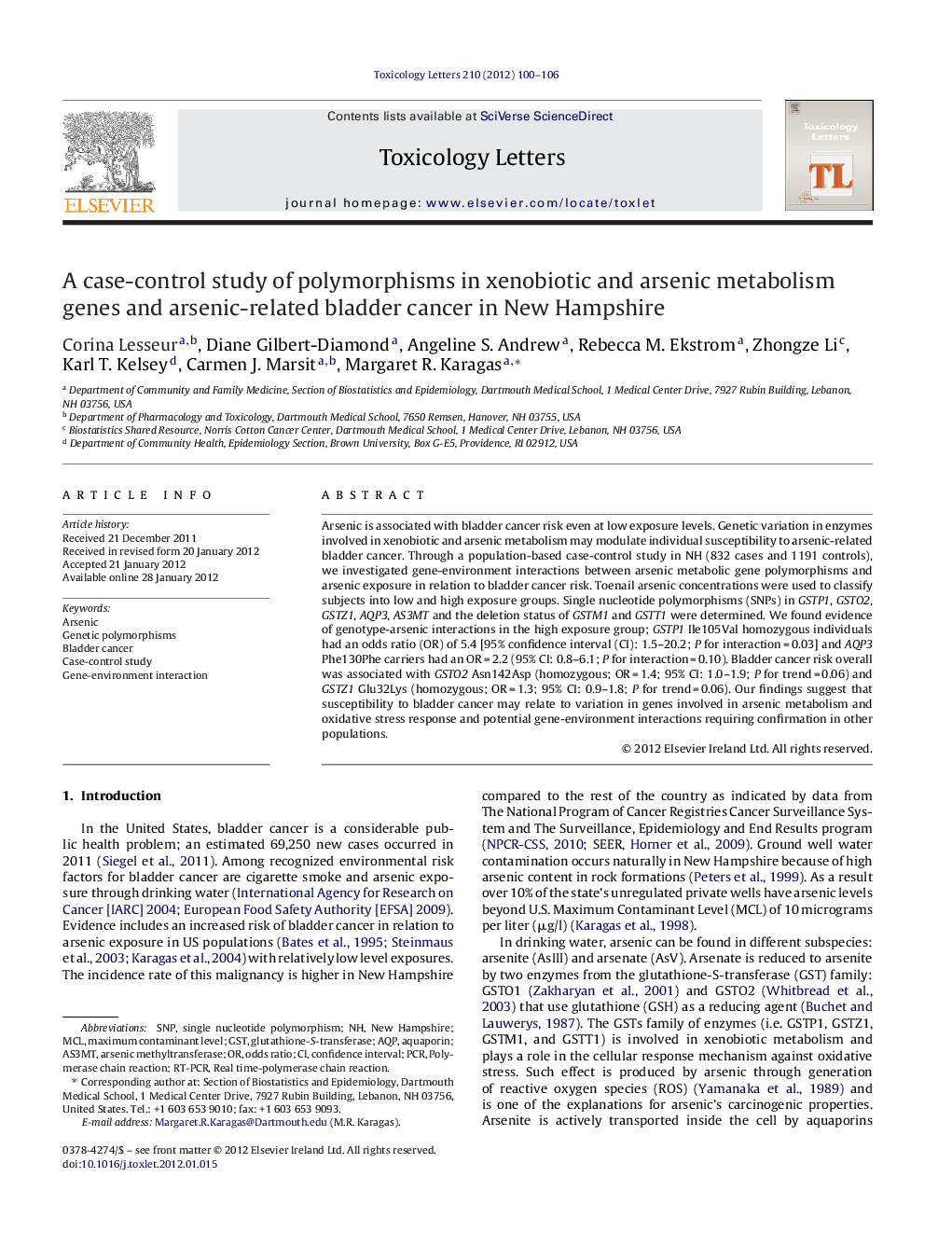 A case-control study of polymorphisms in xenobiotic and arsenic metabolism genes and arsenic-related bladder cancer in New Hampshire