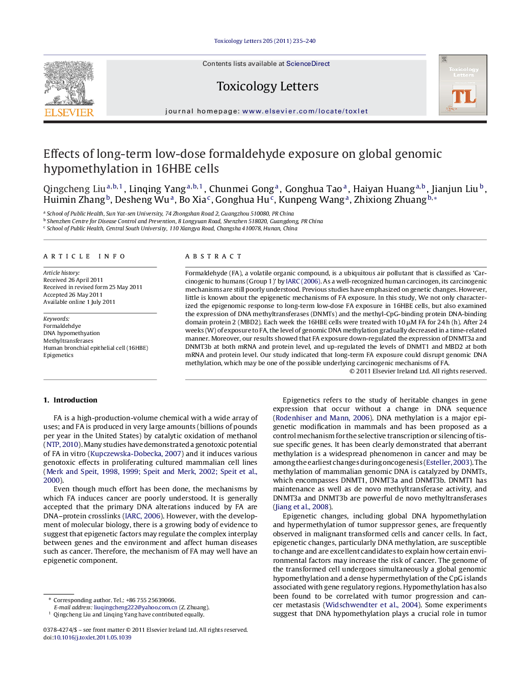 Effects of long-term low-dose formaldehyde exposure on global genomic hypomethylation in 16HBE cells