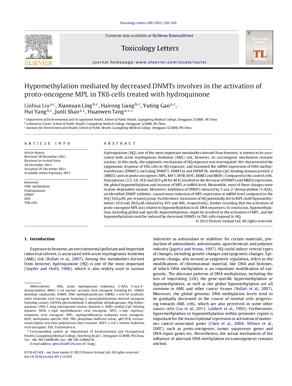 Hypomethylation mediated by decreased DNMTs involves in the activation of proto-oncogene MPL in TK6 cells treated with hydroquinone