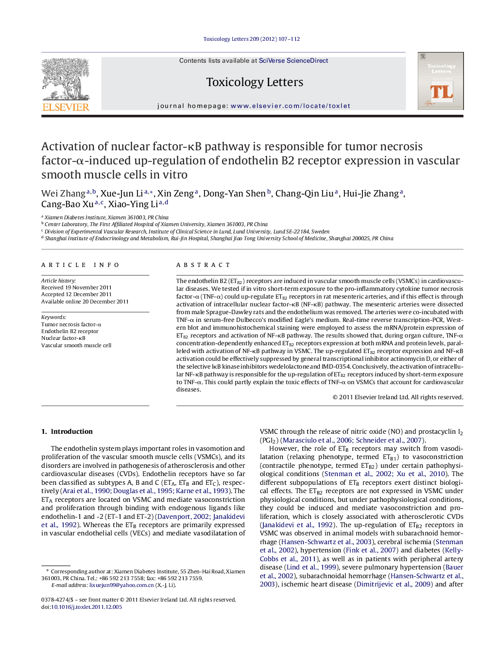 Activation of nuclear factor-κB pathway is responsible for tumor necrosis factor-α-induced up-regulation of endothelin B2 receptor expression in vascular smooth muscle cells in vitro