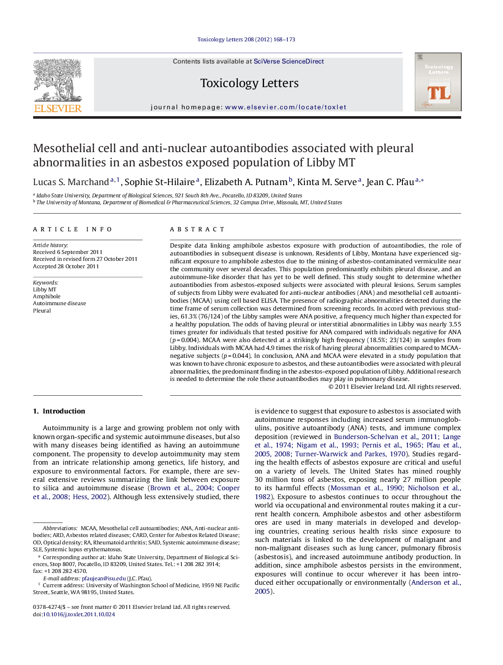 Mesothelial cell and anti-nuclear autoantibodies associated with pleural abnormalities in an asbestos exposed population of Libby MT