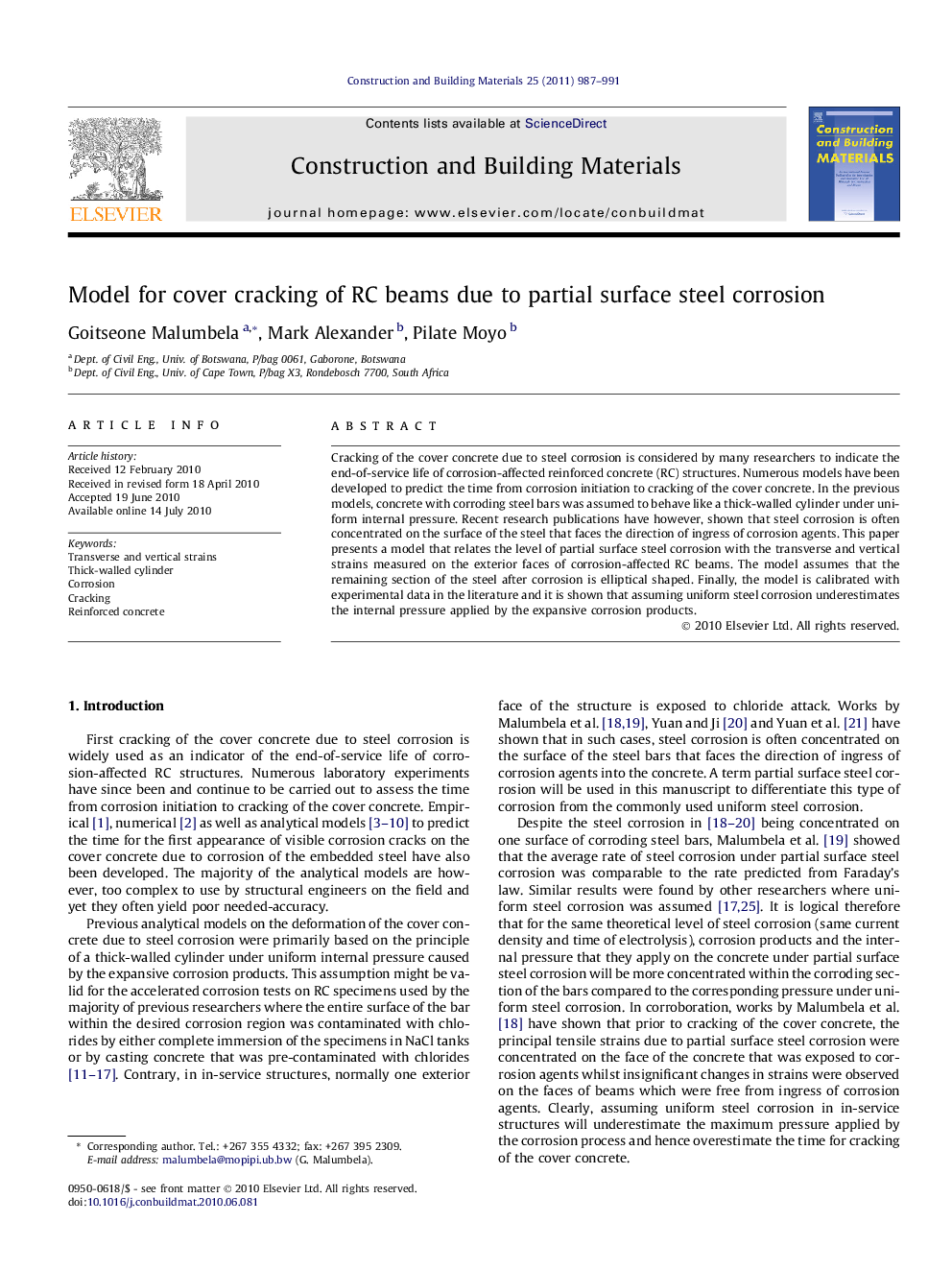 Model for cover cracking of RC beams due to partial surface steel corrosion