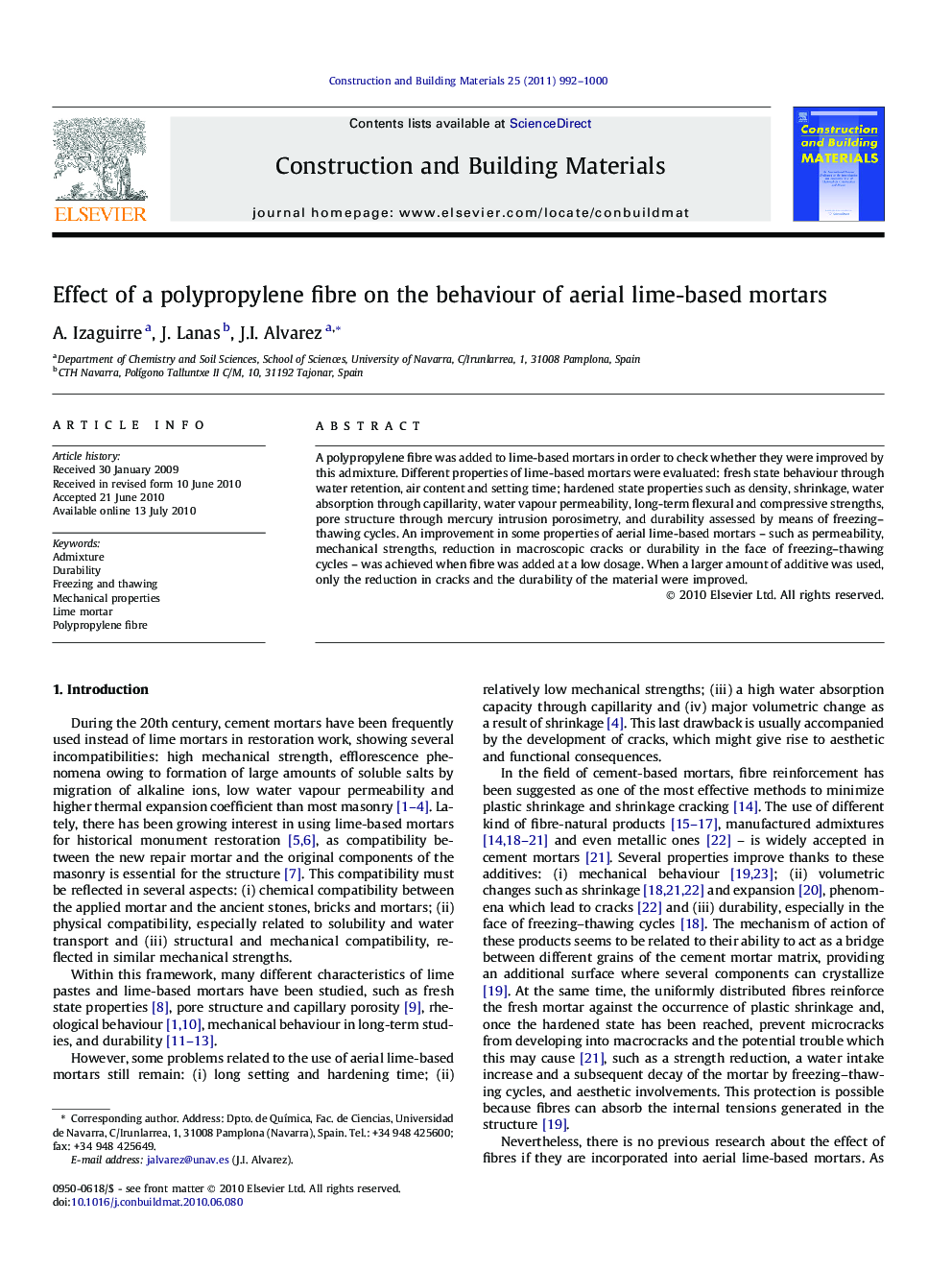 Effect of a polypropylene fibre on the behaviour of aerial lime-based mortars