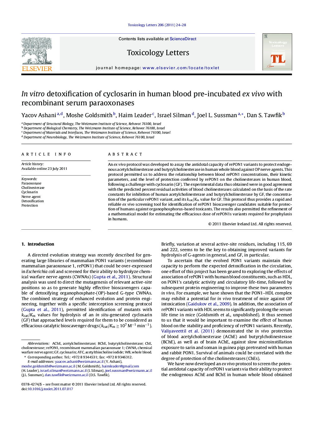 In vitro detoxification of cyclosarin in human blood pre-incubated ex vivo with recombinant serum paraoxonases