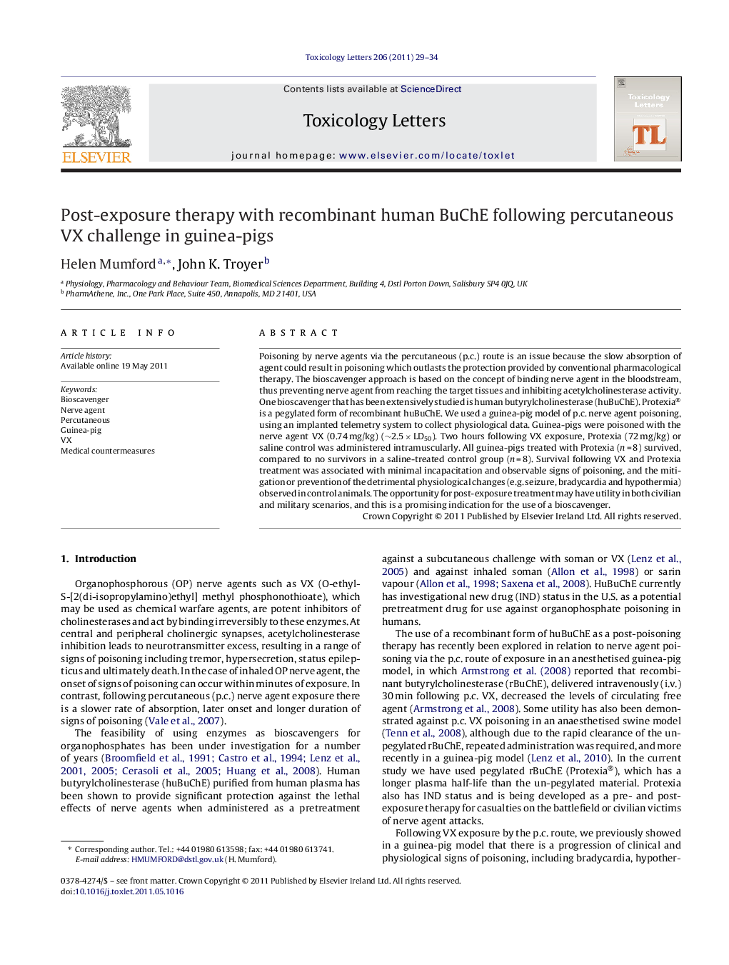 Post-exposure therapy with recombinant human BuChE following percutaneous VX challenge in guinea-pigs