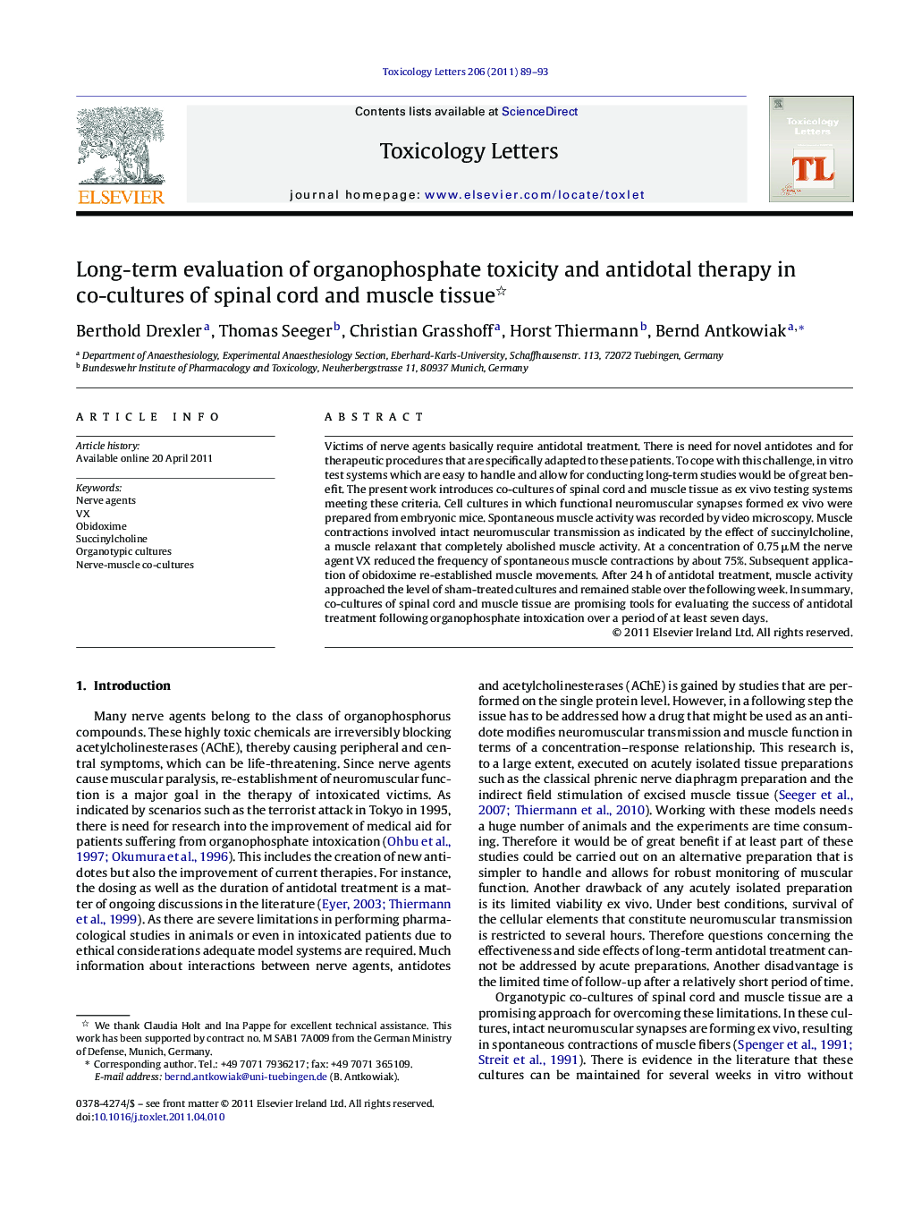Long-term evaluation of organophosphate toxicity and antidotal therapy in co-cultures of spinal cord and muscle tissue 