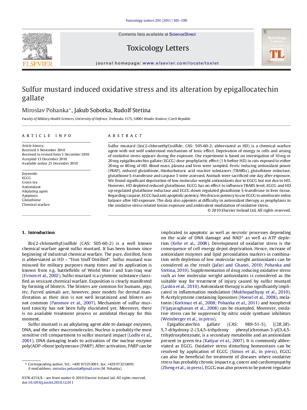 Sulfur mustard induced oxidative stress and its alteration by epigallocatechin gallate