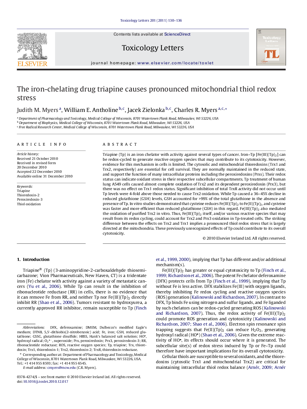 The iron-chelating drug triapine causes pronounced mitochondrial thiol redox stress