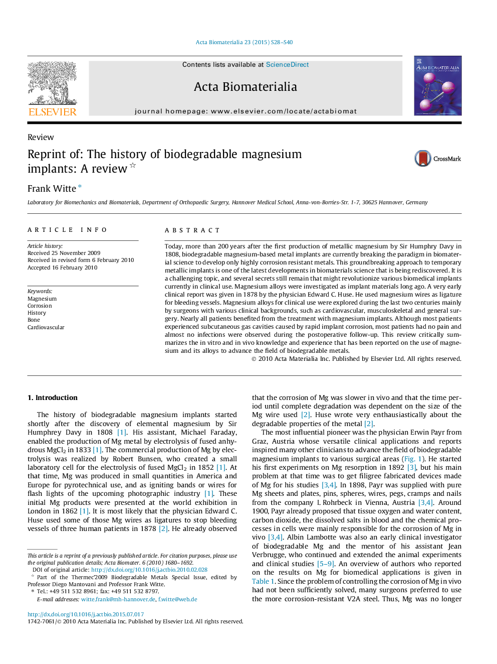 Reprint of: The history of biodegradable magnesium implants: A review 