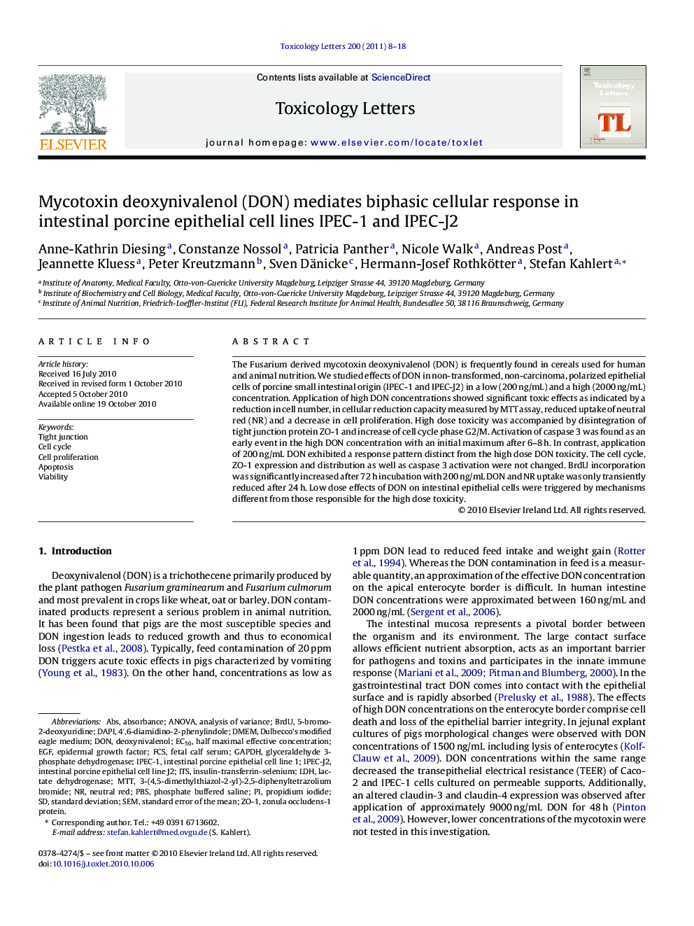 Mycotoxin deoxynivalenol (DON) mediates biphasic cellular response in intestinal porcine epithelial cell lines IPEC-1 and IPEC-J2