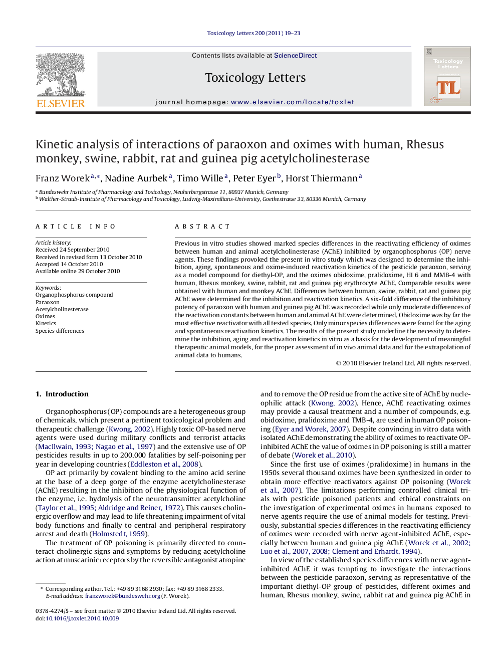 Kinetic analysis of interactions of paraoxon and oximes with human, Rhesus monkey, swine, rabbit, rat and guinea pig acetylcholinesterase