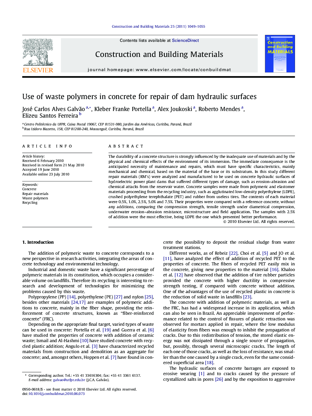 Use of waste polymers in concrete for repair of dam hydraulic surfaces