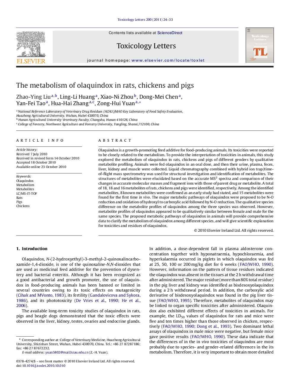 The metabolism of olaquindox in rats, chickens and pigs