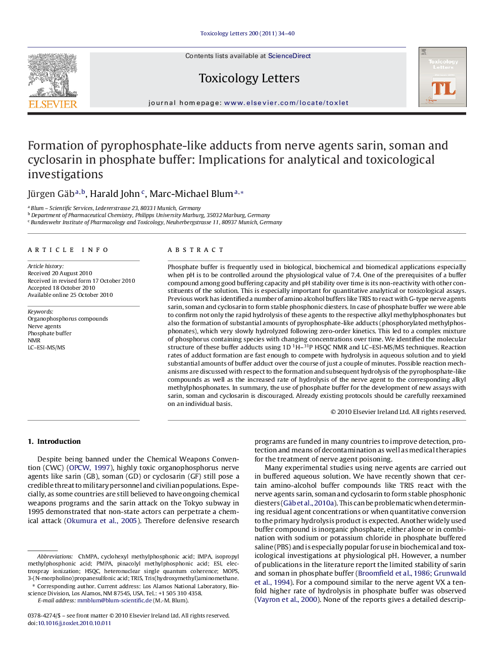 Formation of pyrophosphate-like adducts from nerve agents sarin, soman and cyclosarin in phosphate buffer: Implications for analytical and toxicological investigations