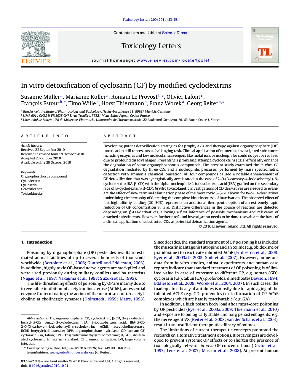 In vitro detoxification of cyclosarin (GF) by modified cyclodextrins