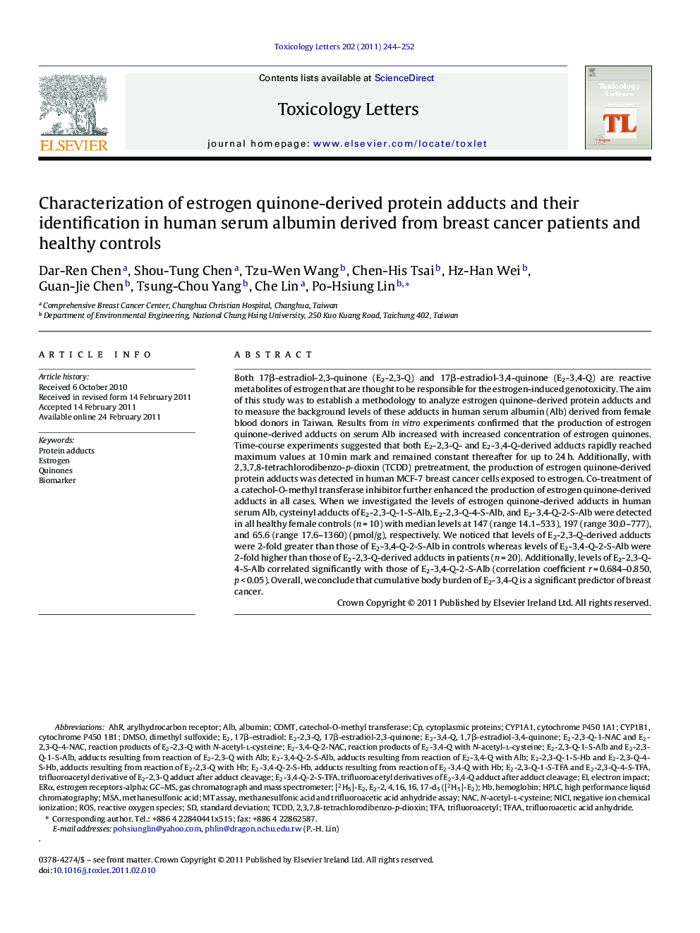 Characterization of estrogen quinone-derived protein adducts and their identification in human serum albumin derived from breast cancer patients and healthy controls