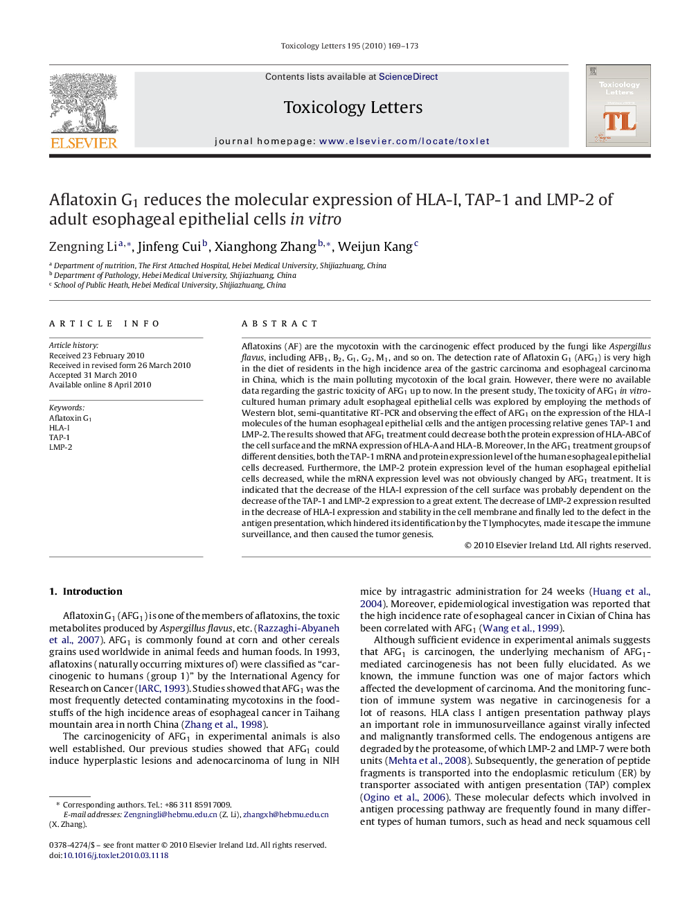 Aflatoxin G1 reduces the molecular expression of HLA-I, TAP-1 and LMP-2 of adult esophageal epithelial cells in vitro