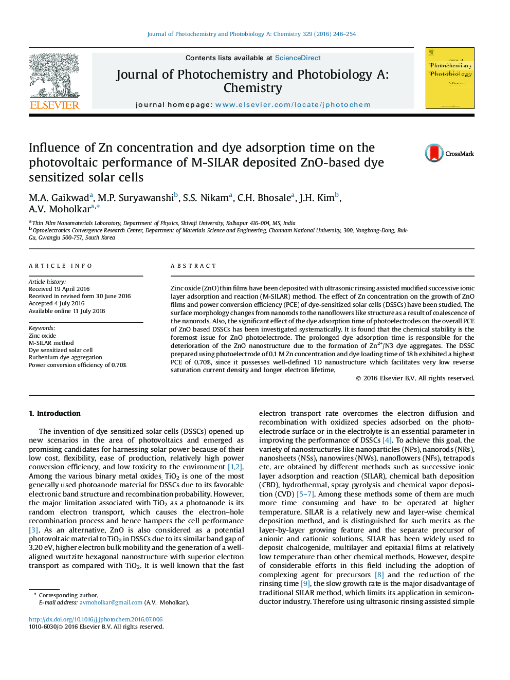 عکس صفحه اول مقاله: Influence of Zn concentration and dye adsorption time on the photovoltaic performance of M-SILAR deposited ZnO-based dye sensitized solar cells Influence of Zn concentration and dye adsorption time on the photovoltaic performance of M-SILAR deposited ZnO-based dye sensitized solar cells