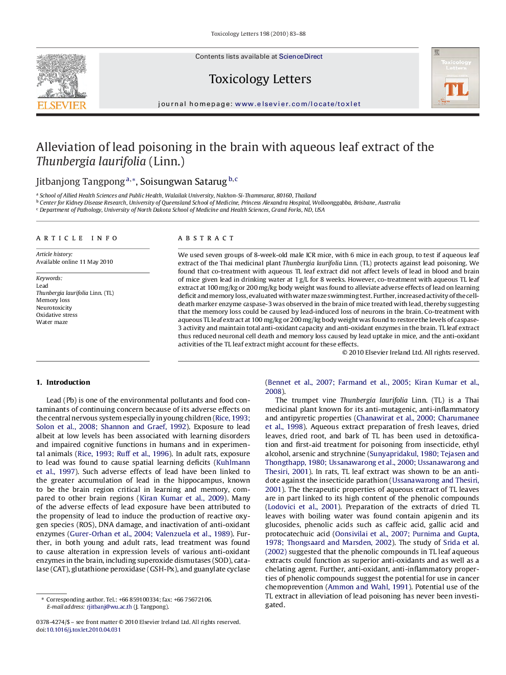 Alleviation of lead poisoning in the brain with aqueous leaf extract of the Thunbergia laurifolia (Linn.)