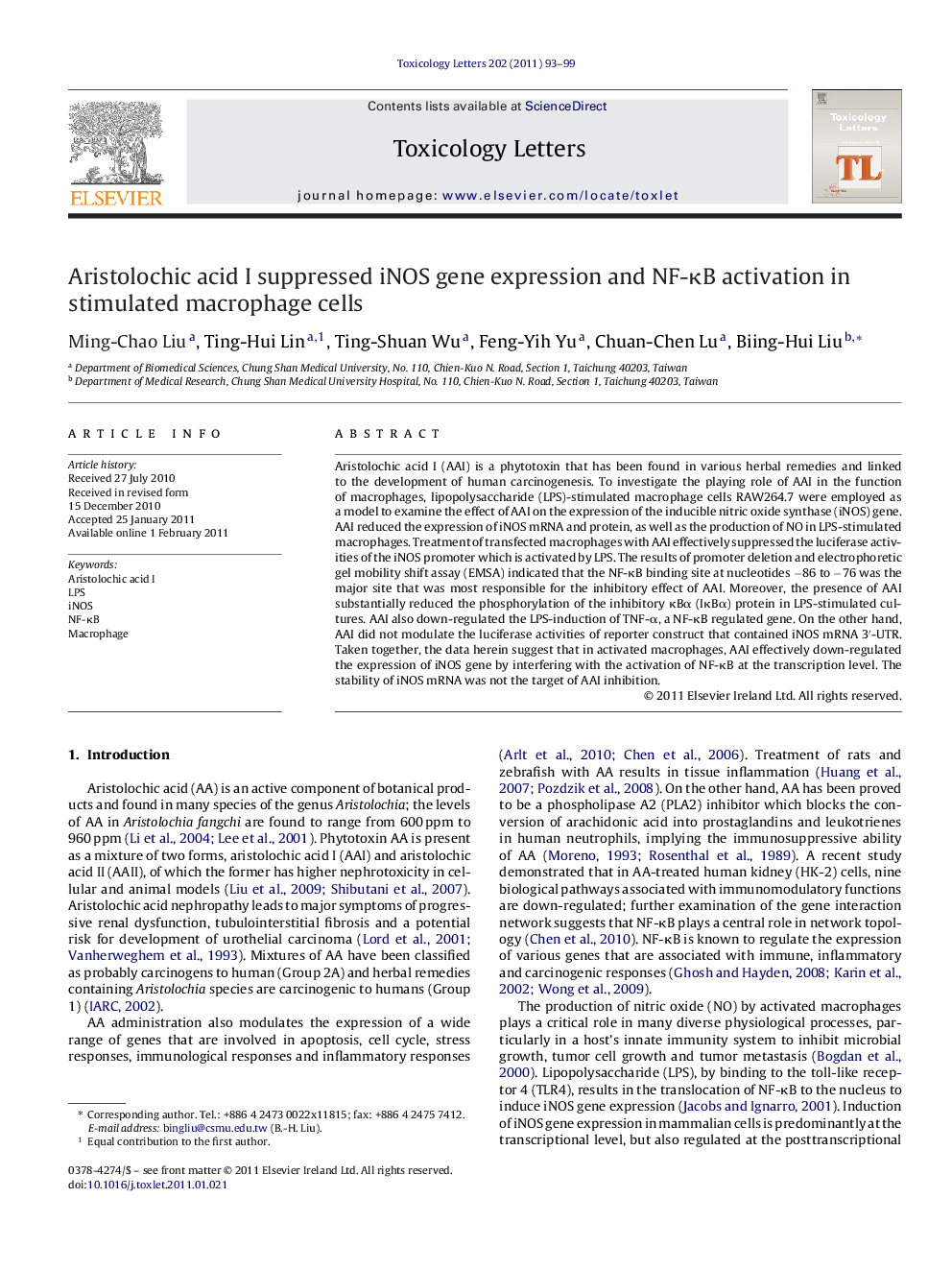 Aristolochic acid I suppressed iNOS gene expression and NF-κB activation in stimulated macrophage cells