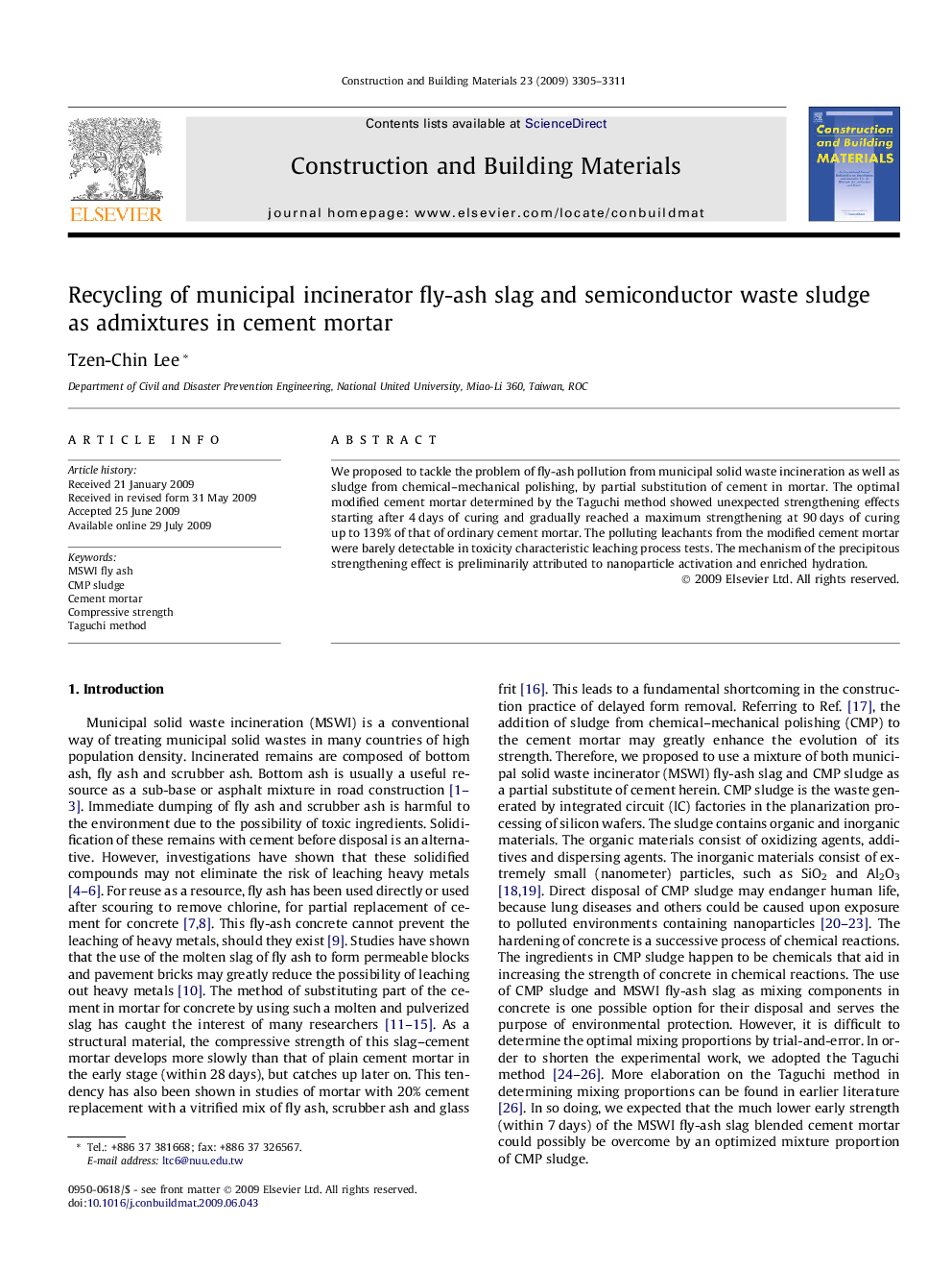 Recycling of municipal incinerator fly-ash slag and semiconductor waste sludge as admixtures in cement mortar