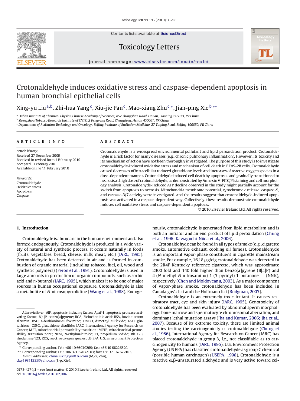 Crotonaldehyde induces oxidative stress and caspase-dependent apoptosis in human bronchial epithelial cells