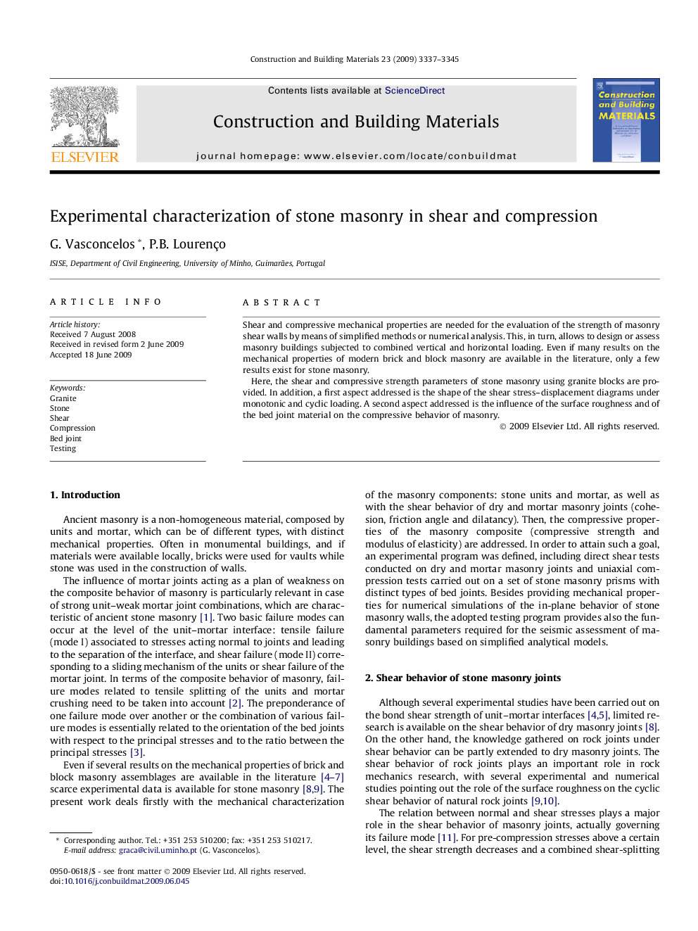 Experimental characterization of stone masonry in shear and compression