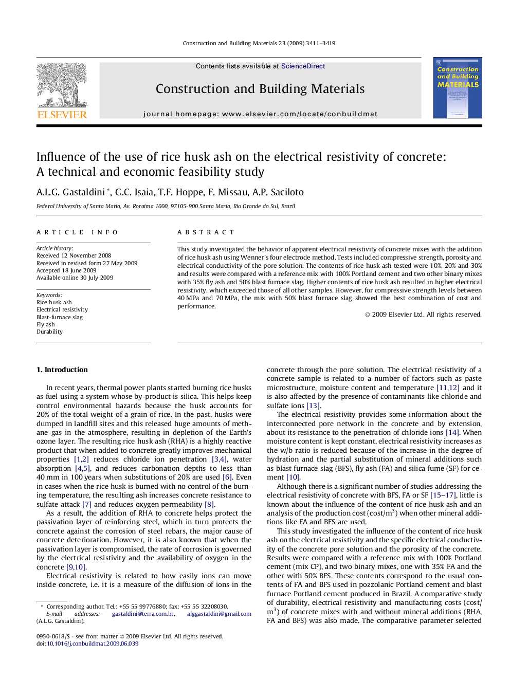 Influence of the use of rice husk ash on the electrical resistivity of concrete: A technical and economic feasibility study