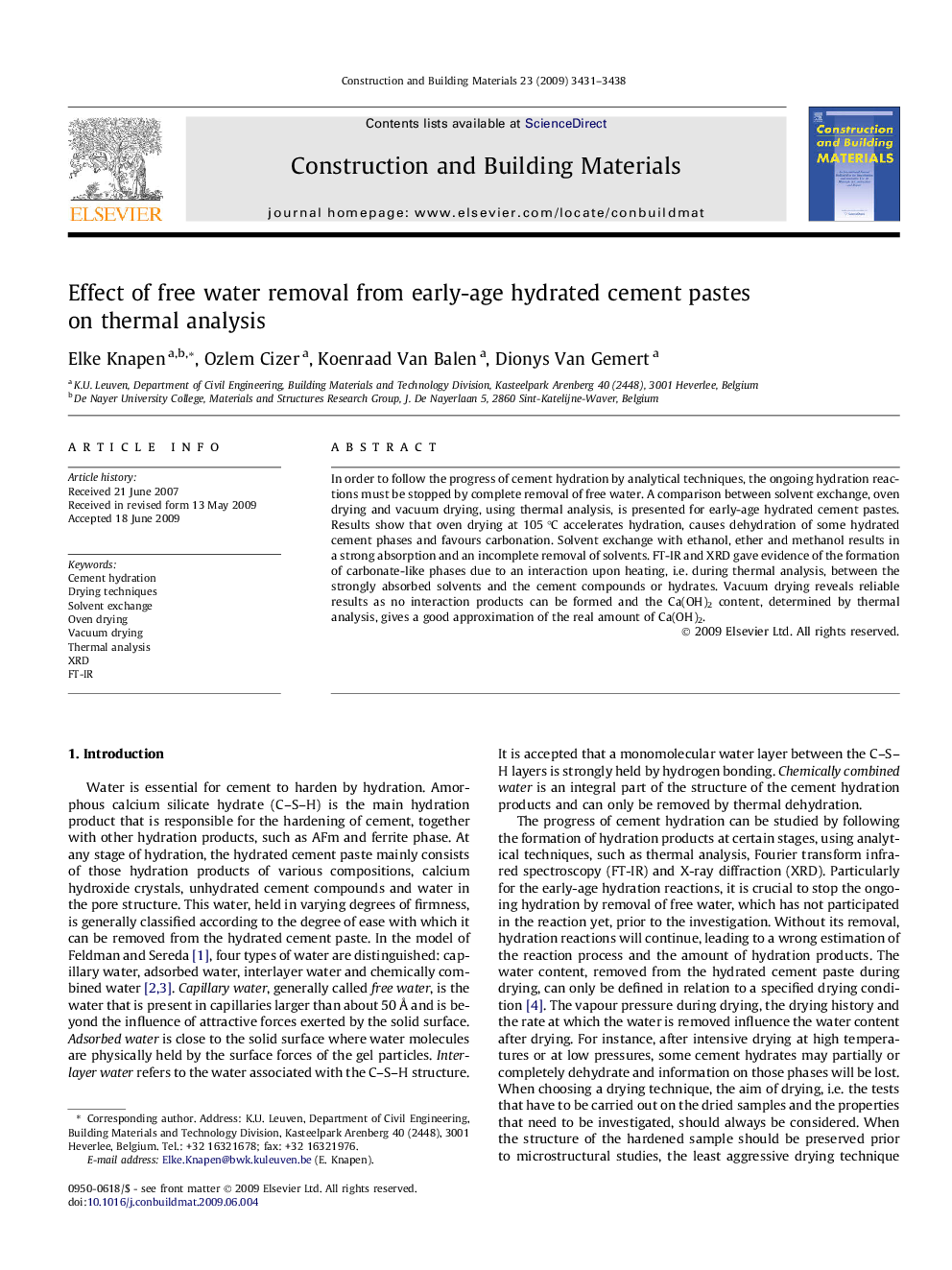 Effect of free water removal from early-age hydrated cement pastes on thermal analysis