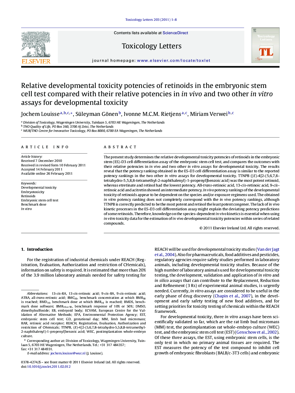 Relative developmental toxicity potencies of retinoids in the embryonic stem cell test compared with their relative potencies in in vivo and two other in vitro assays for developmental toxicity