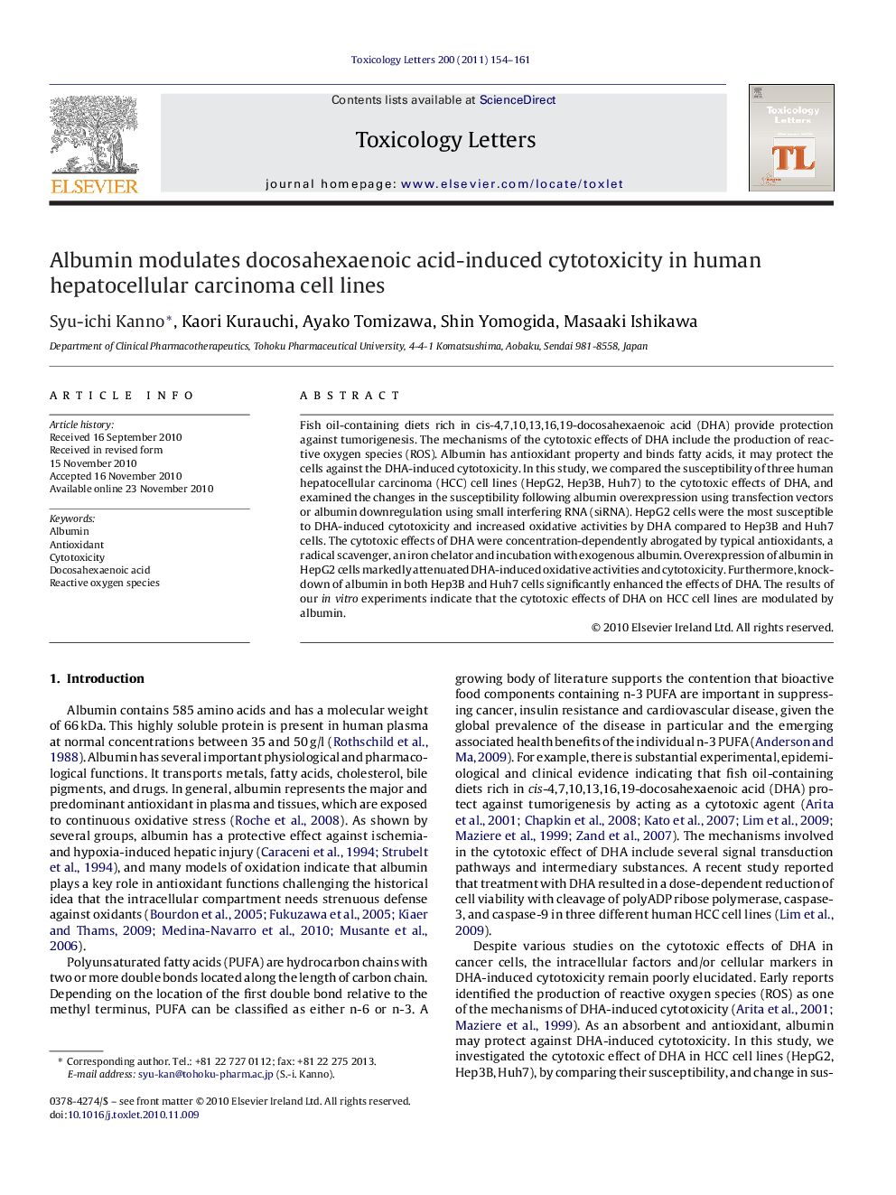 Albumin modulates docosahexaenoic acid-induced cytotoxicity in human hepatocellular carcinoma cell lines