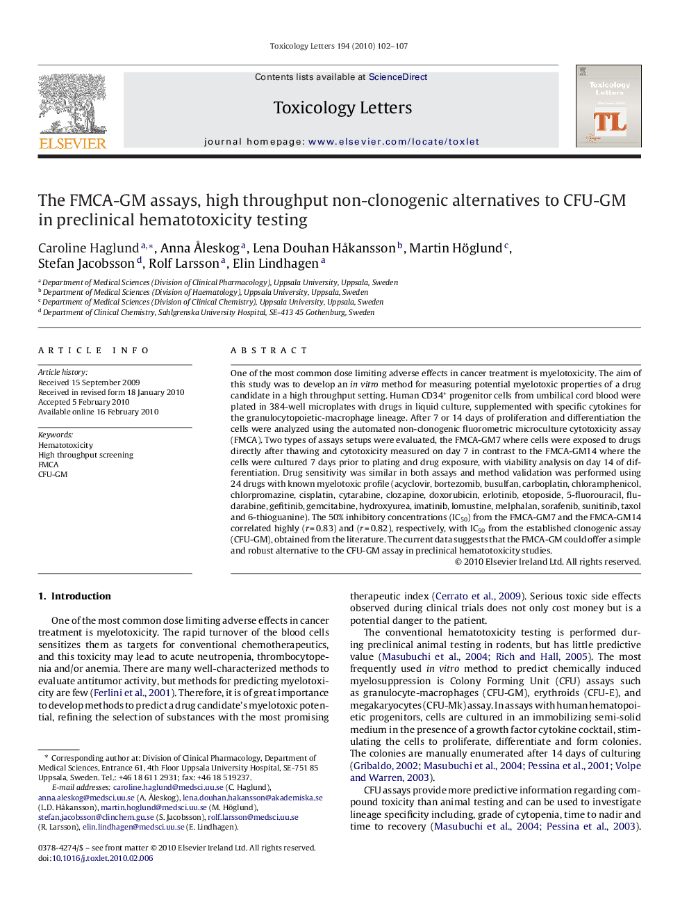 The FMCA-GM assays, high throughput non-clonogenic alternatives to CFU-GM in preclinical hematotoxicity testing