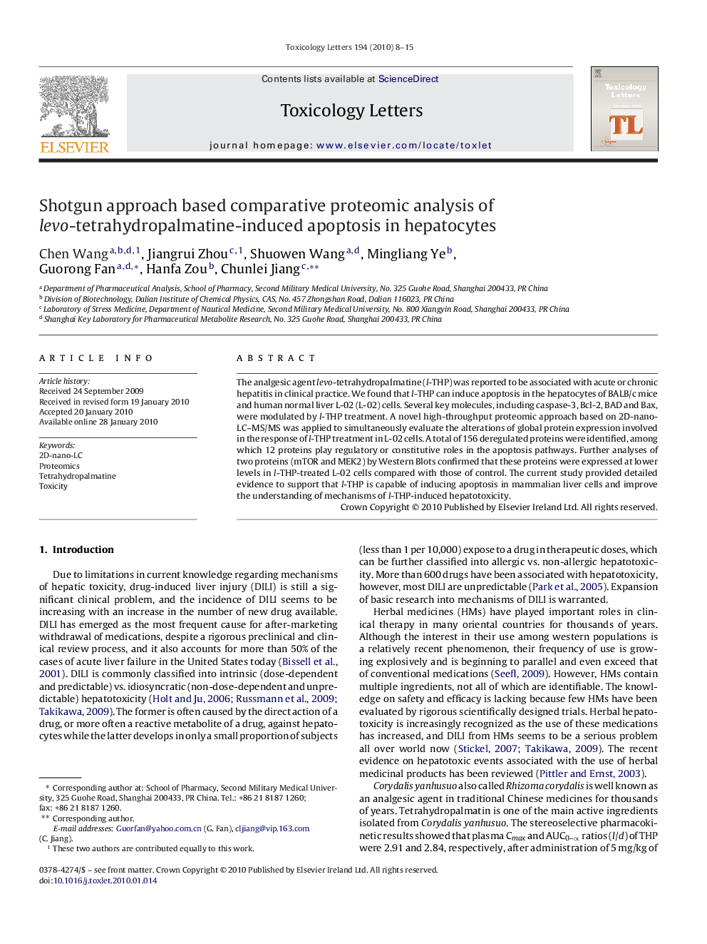 Shotgun approach based comparative proteomic analysis of levo-tetrahydropalmatine-induced apoptosis in hepatocytes