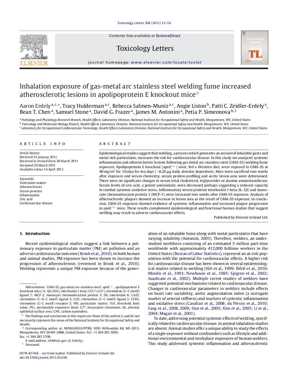 Inhalation exposure of gas-metal arc stainless steel welding fume increased atherosclerotic lesions in apolipoprotein E knockout mice 