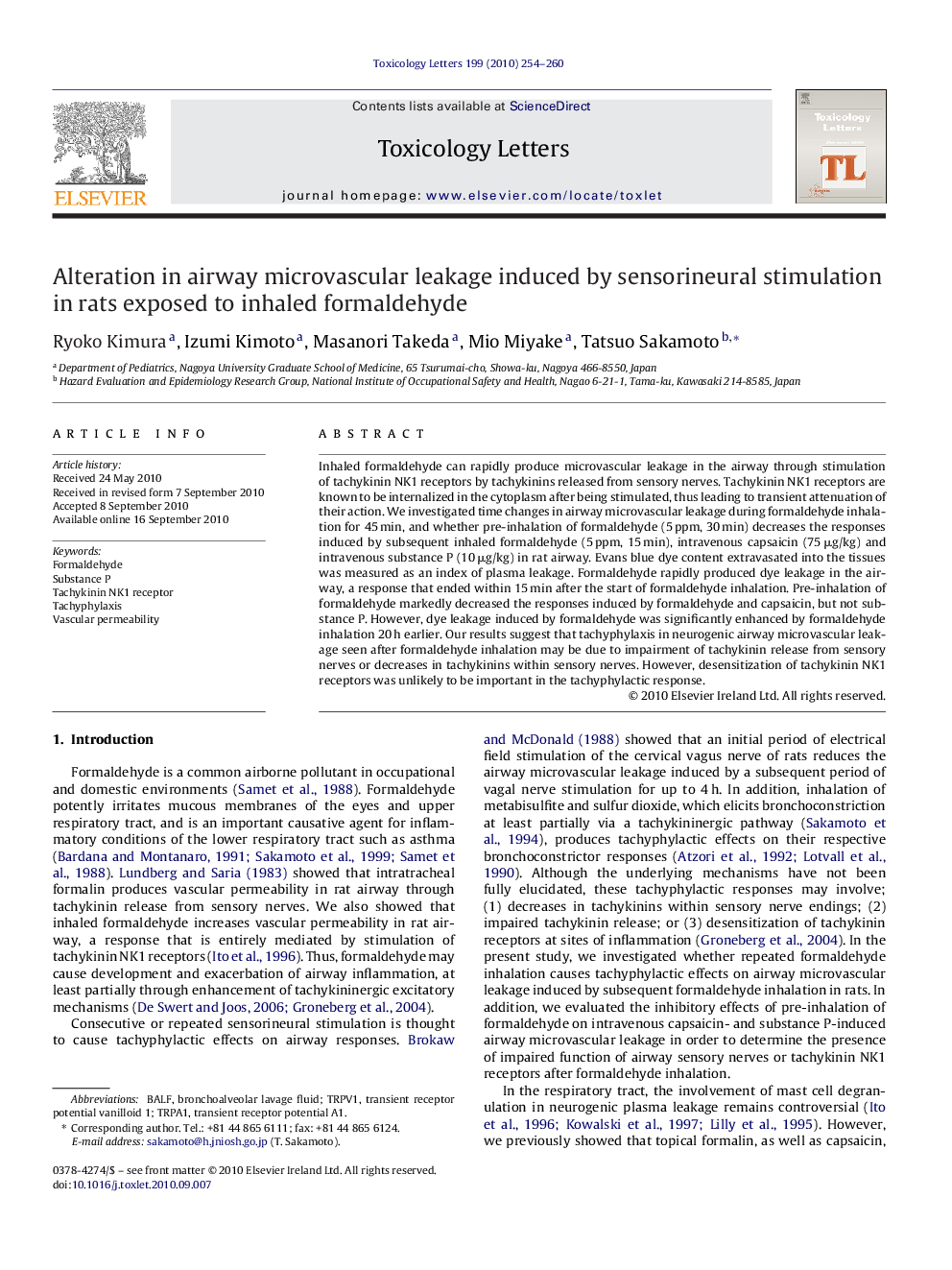 Alteration in airway microvascular leakage induced by sensorineural stimulation in rats exposed to inhaled formaldehyde