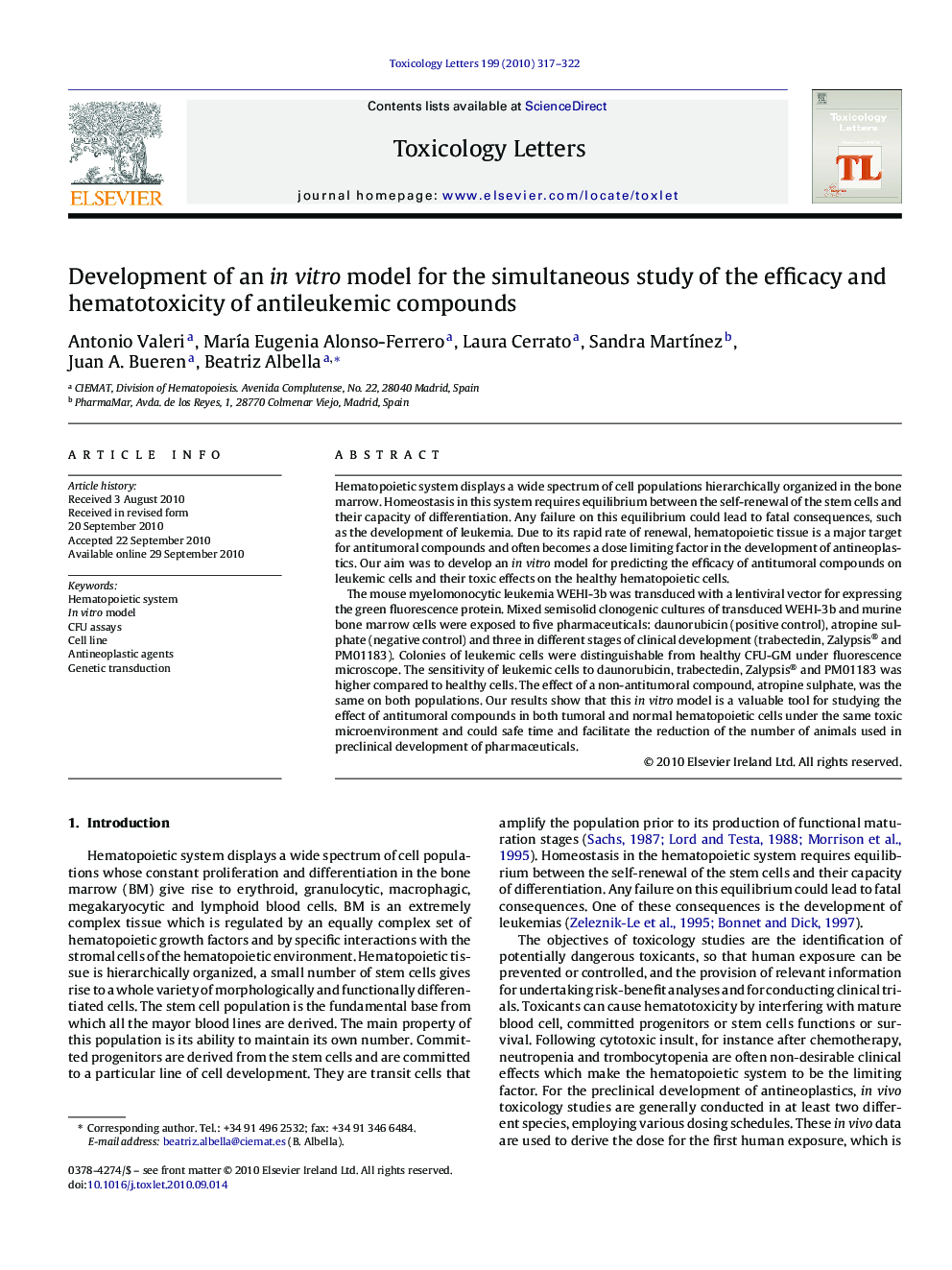 Development of an in vitro model for the simultaneous study of the efficacy and hematotoxicity of antileukemic compounds