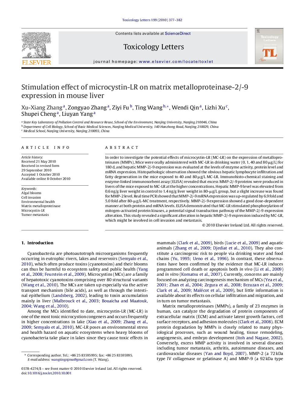 عکس صفحه اول مقاله: Stimulation effect of microcystin-LR on matrix metalloproteinase-2/-9 expression in mouse liver Stimulation effect of microcystin-LR on matrix metalloproteinase-2/-9 expression in mouse liver
