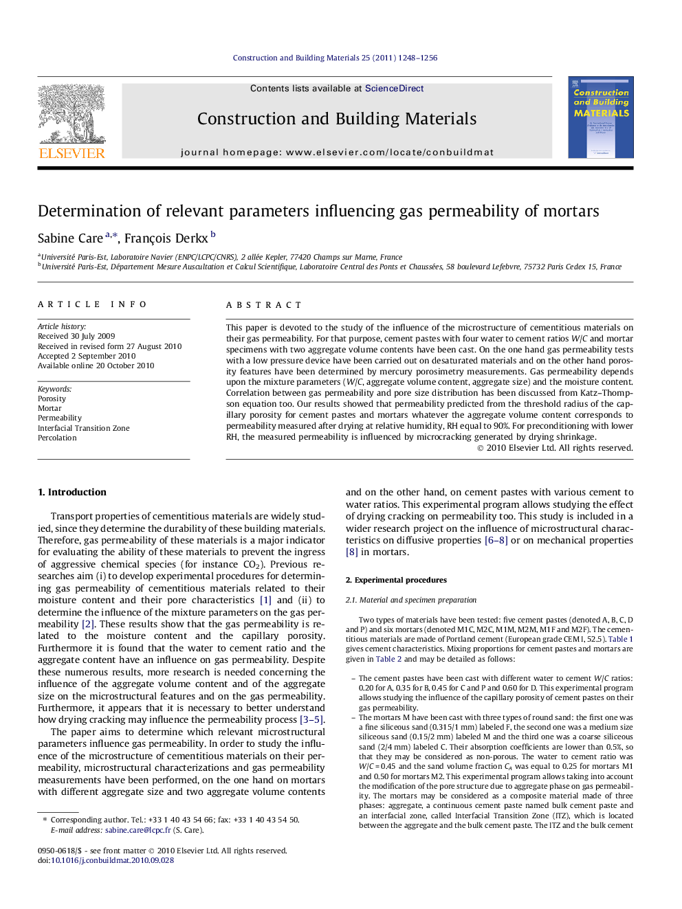 Determination of relevant parameters influencing gas permeability of mortars