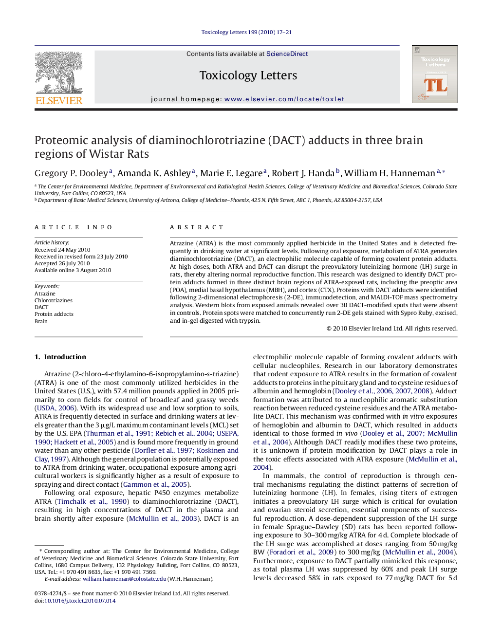 Proteomic analysis of diaminochlorotriazine (DACT) adducts in three brain regions of Wistar Rats