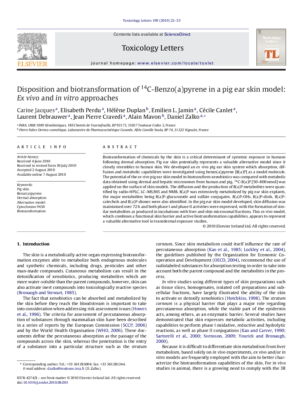 Disposition and biotransformation of 14C-Benzo(a)pyrene in a pig ear skin model: Ex vivo and in vitro approaches