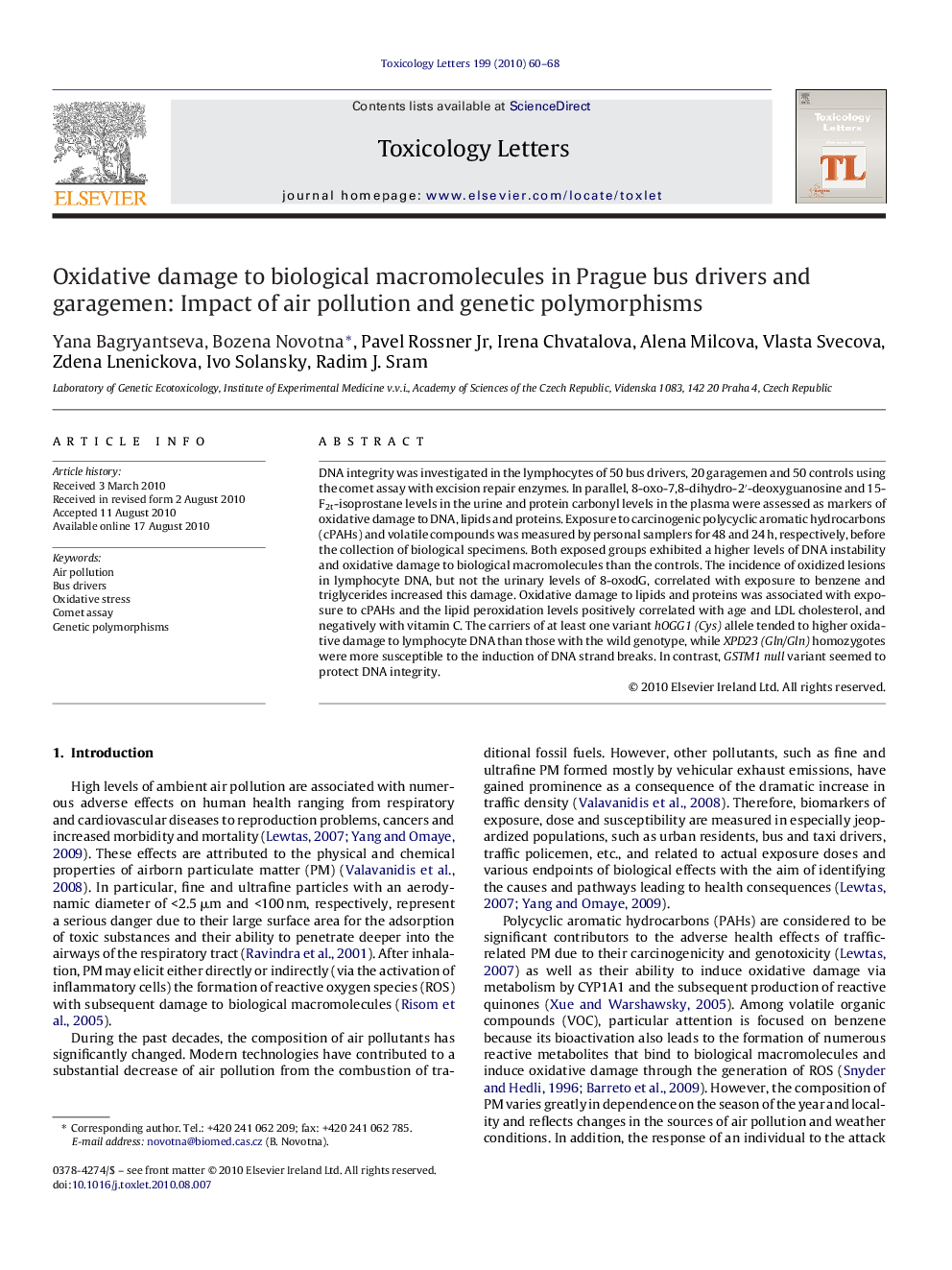 Oxidative damage to biological macromolecules in Prague bus drivers and garagemen: Impact of air pollution and genetic polymorphisms