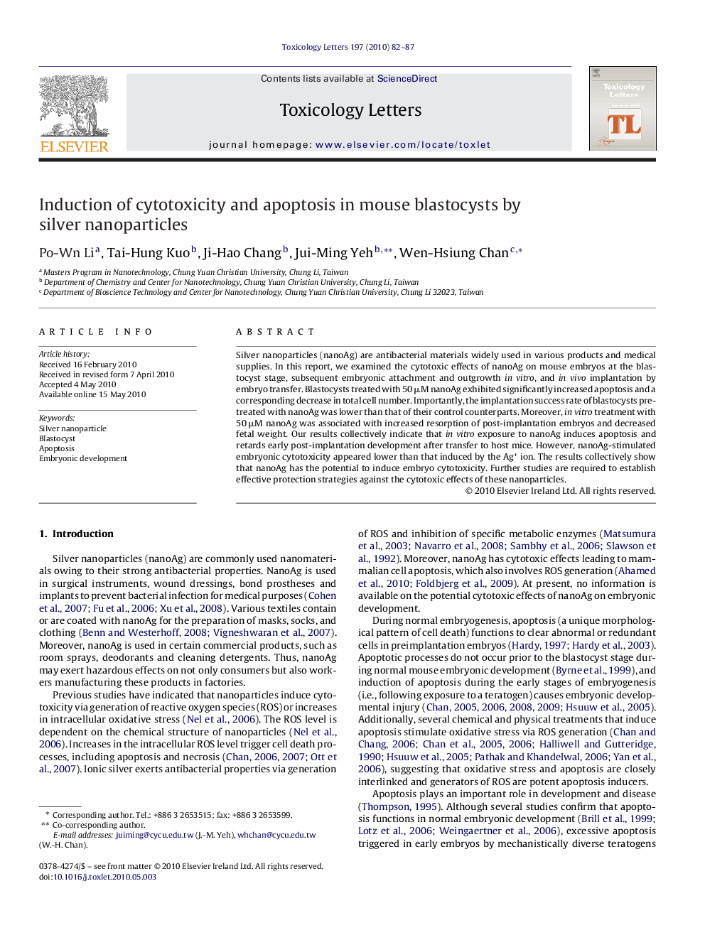 Induction of cytotoxicity and apoptosis in mouse blastocysts by silver nanoparticles