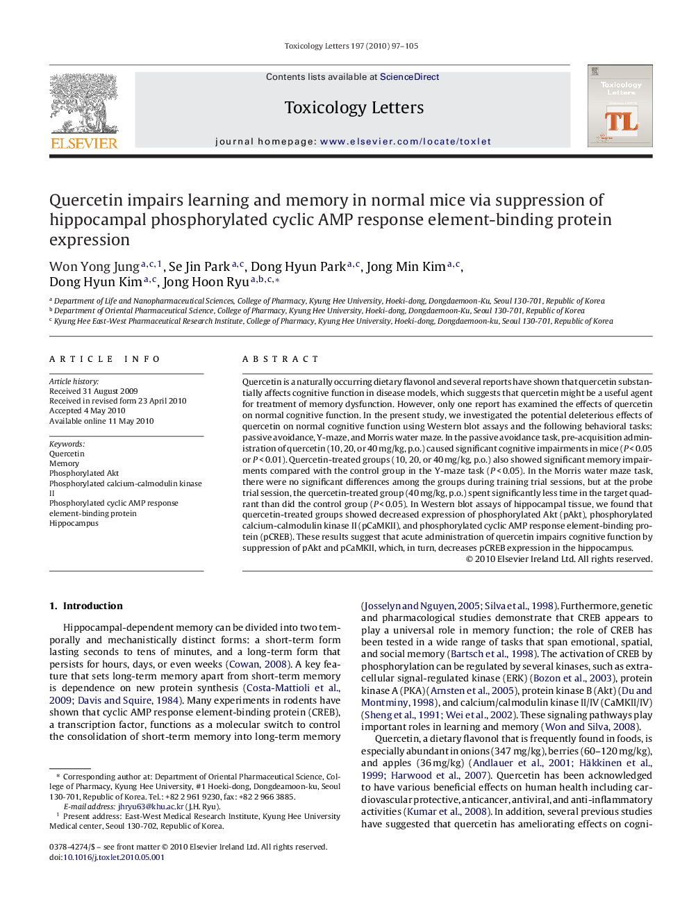 Quercetin impairs learning and memory in normal mice via suppression of hippocampal phosphorylated cyclic AMP response element-binding protein expression