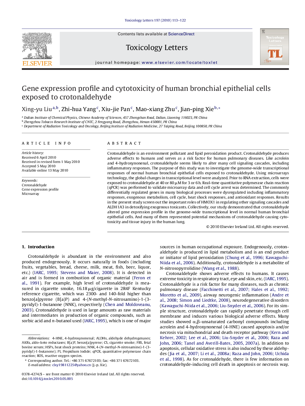 Gene expression profile and cytotoxicity of human bronchial epithelial cells exposed to crotonaldehyde