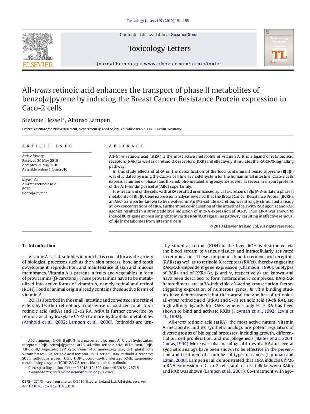 All-trans retinoic acid enhances the transport of phase II metabolites of benzo[a]pyrene by inducing the Breast Cancer Resistance Protein expression in Caco-2 cells