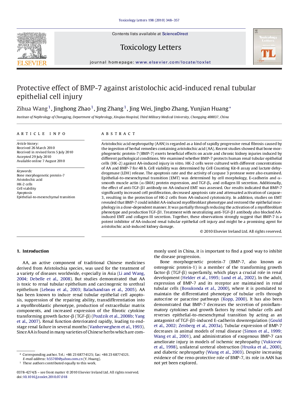 Protective effect of BMP-7 against aristolochic acid-induced renal tubular epithelial cell injury