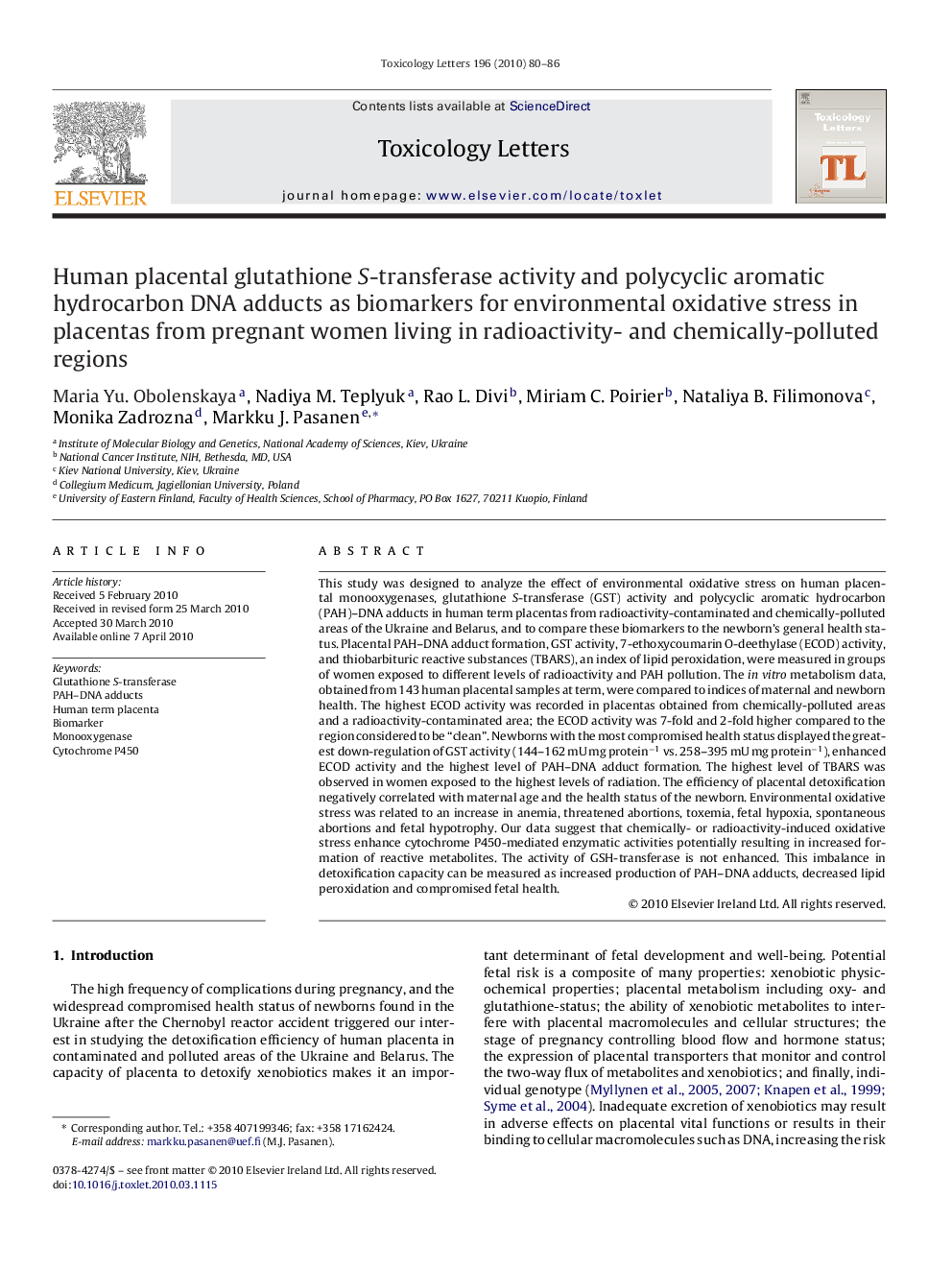 Human placental glutathione S-transferase activity and polycyclic aromatic hydrocarbon DNA adducts as biomarkers for environmental oxidative stress in placentas from pregnant women living in radioactivity- and chemically-polluted regions