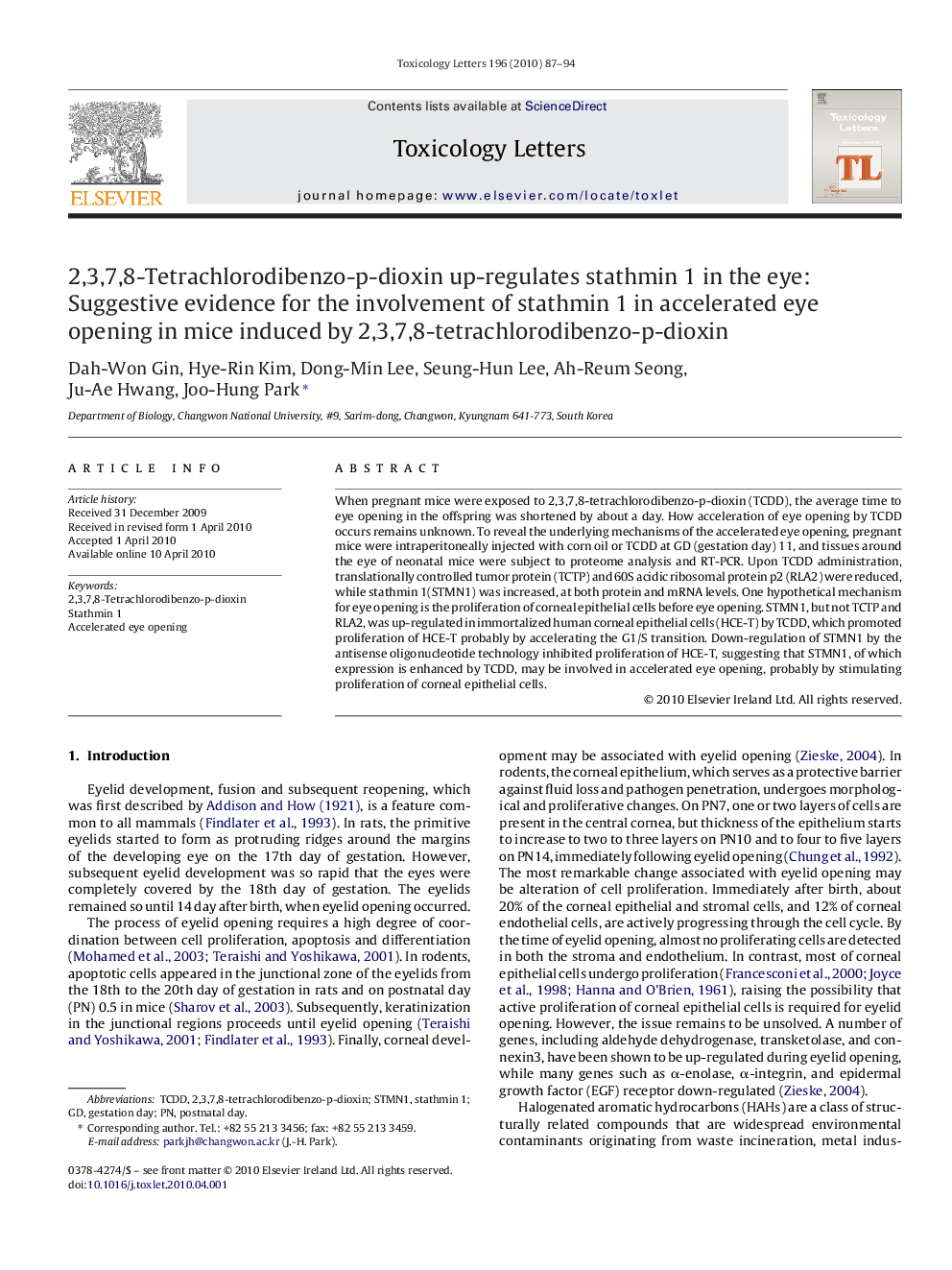 2,3,7,8-Tetrachlorodibenzo-p-dioxin up-regulates stathmin 1 in the eye: Suggestive evidence for the involvement of stathmin 1 in accelerated eye opening in mice induced by 2,3,7,8-tetrachlorodibenzo-p-dioxin