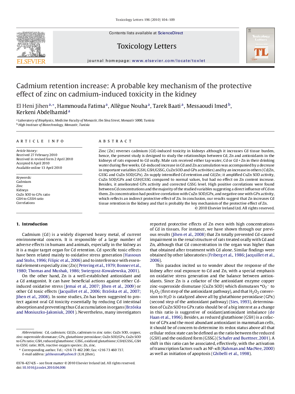 Cadmium retention increase: A probable key mechanism of the protective effect of zinc on cadmium-induced toxicity in the kidney